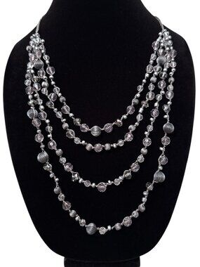 NWT Loft 4-Strand Lightweight Silver Clear Beaded Necklace Braided Cord